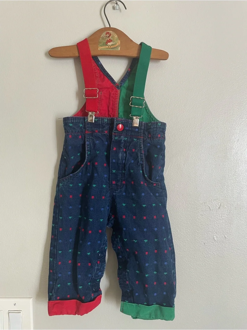 Vtg Baby Oshkosh B’Gosh Colorblock Geometric Denim Overalls Sz 18 Mos Union USA